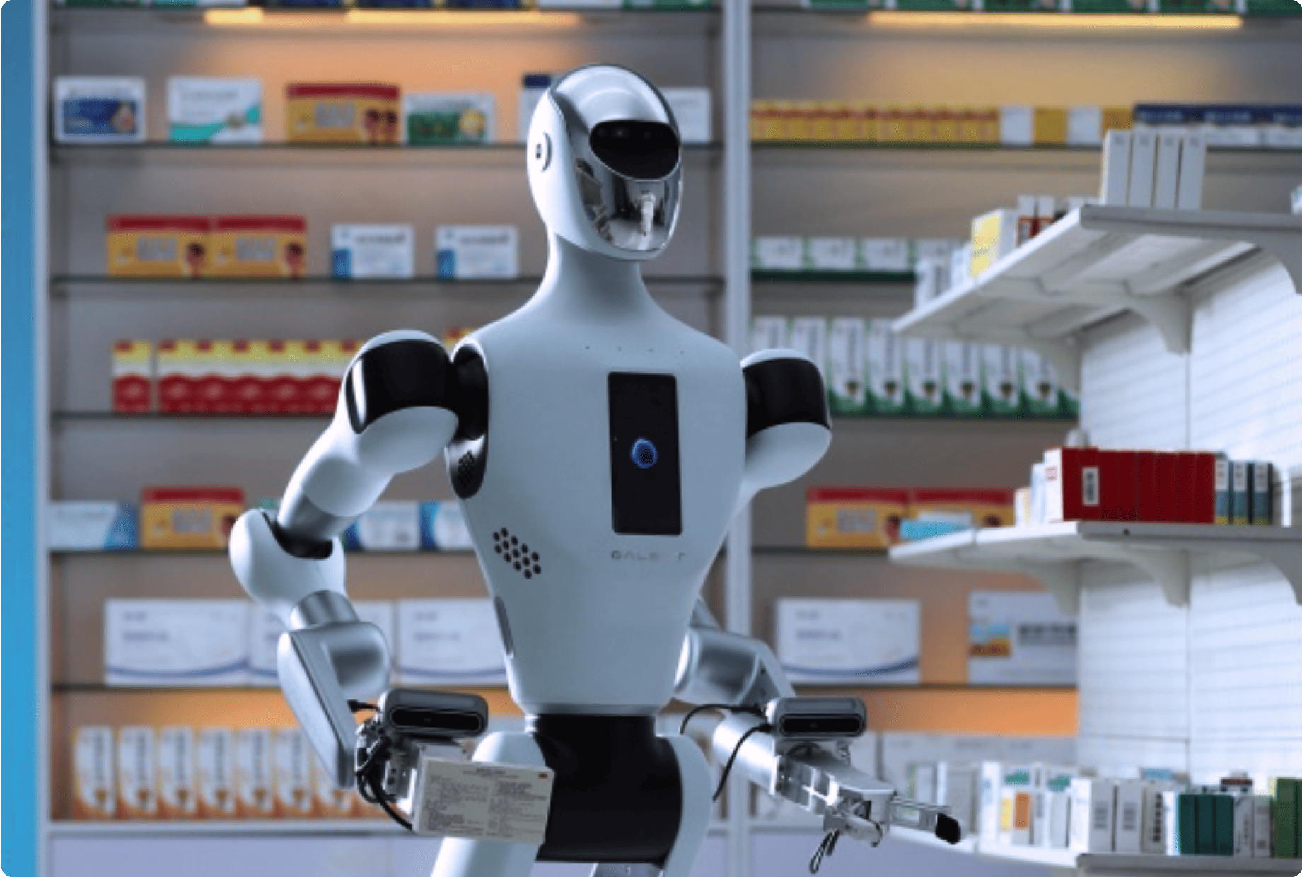 In the pharmacy, it helps deliver medicines and maintain inventories any time, especially at night | Source: galbot.com